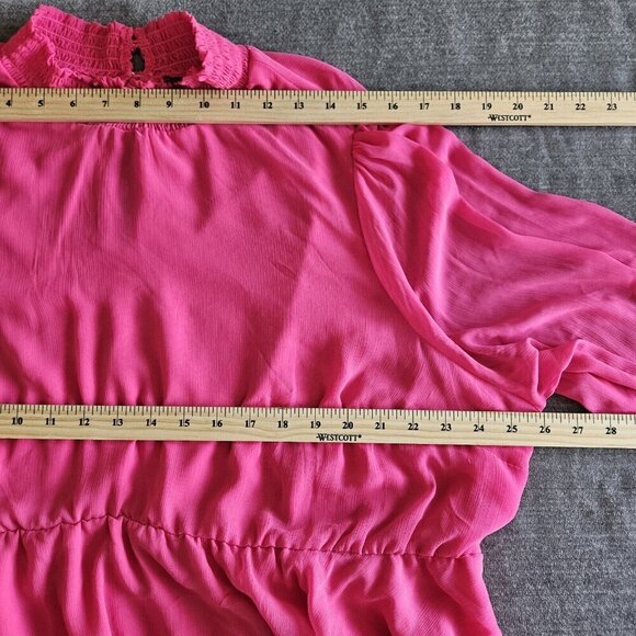 Torrid Top 3X Pink Babydoll Semi Sheer High Smocked NeckCuffs Long Sleeve Ruffle - Picture 7 of 16